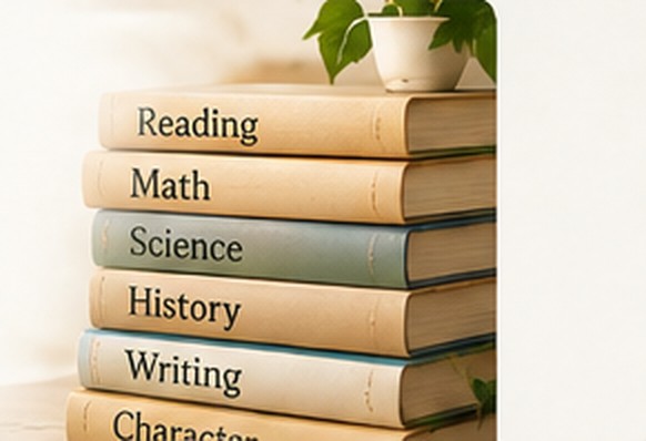 Stack of subject books labeled Reading, Math, Science, History, and Writing